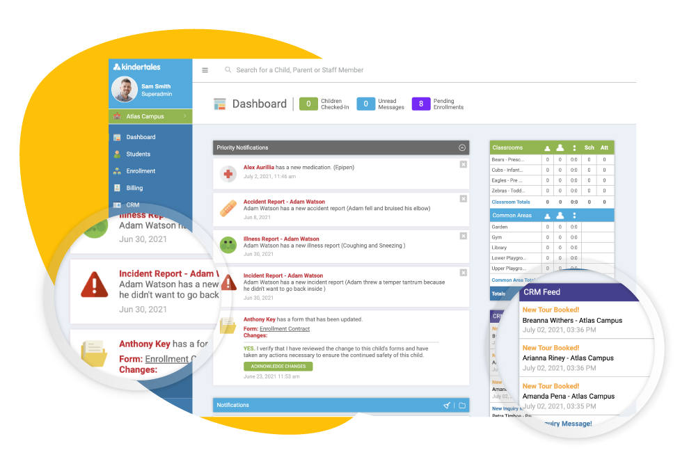 Screenshot of the Kindertales Dashboard screen showing various management features