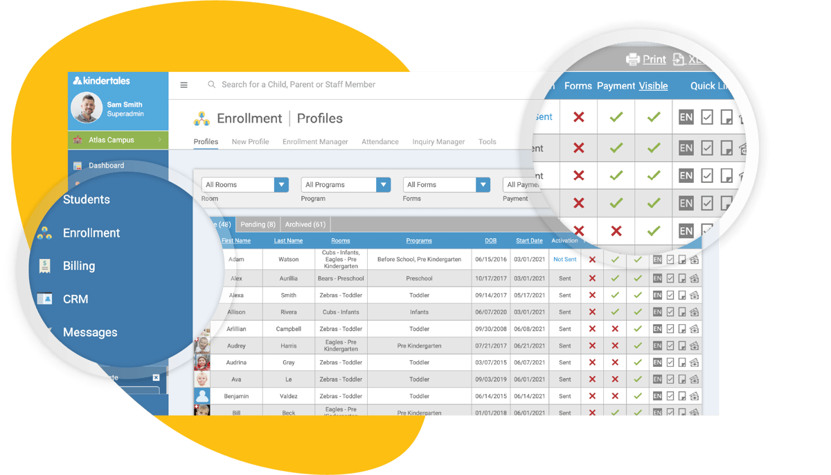 Screenshot of the Kindertales Enrollments screen showing useful management features
